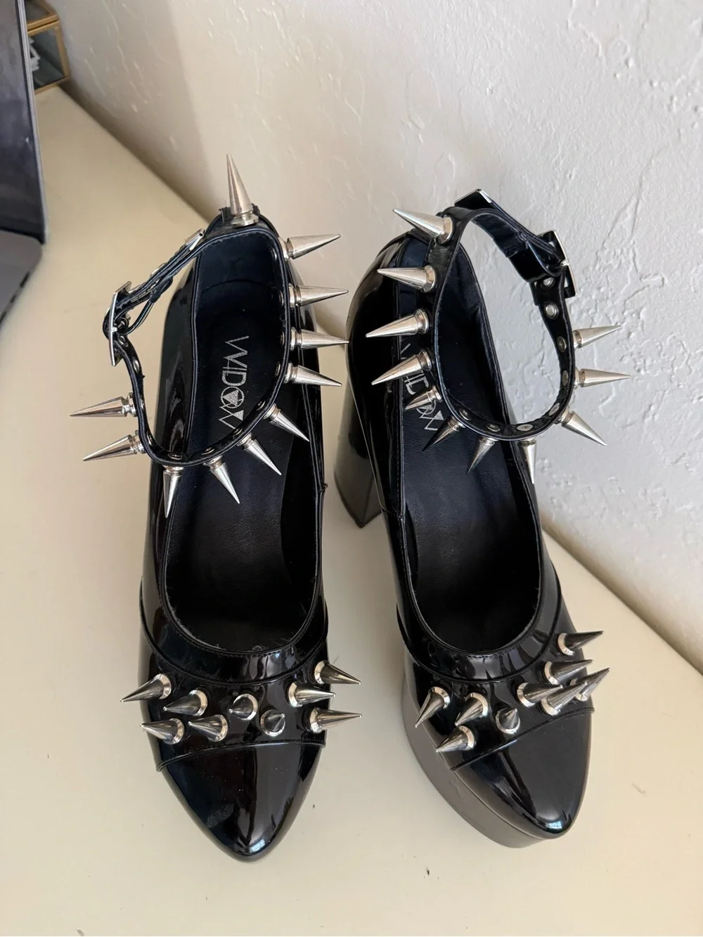 Black Patent Platform Mary Jane Heels with Silver Spikes